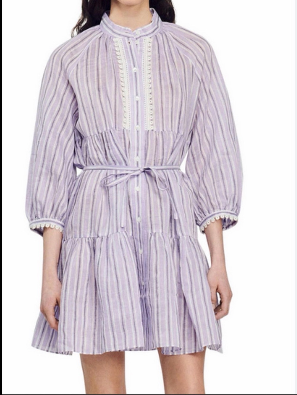 NWT Self Portrait Lilac Striped Button-Front Tiered Dress